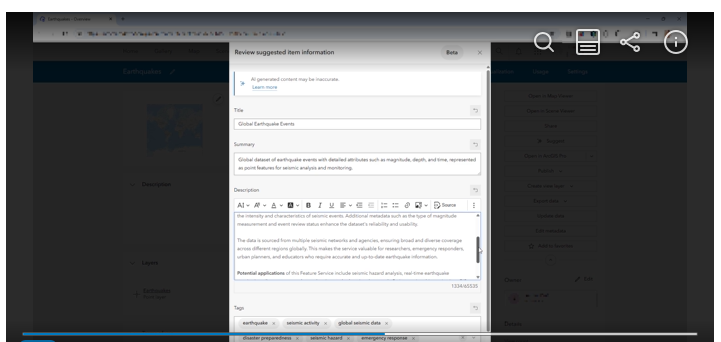 Fitur Item Details Assistant ArcGIS Online, Solusi Metadata AI