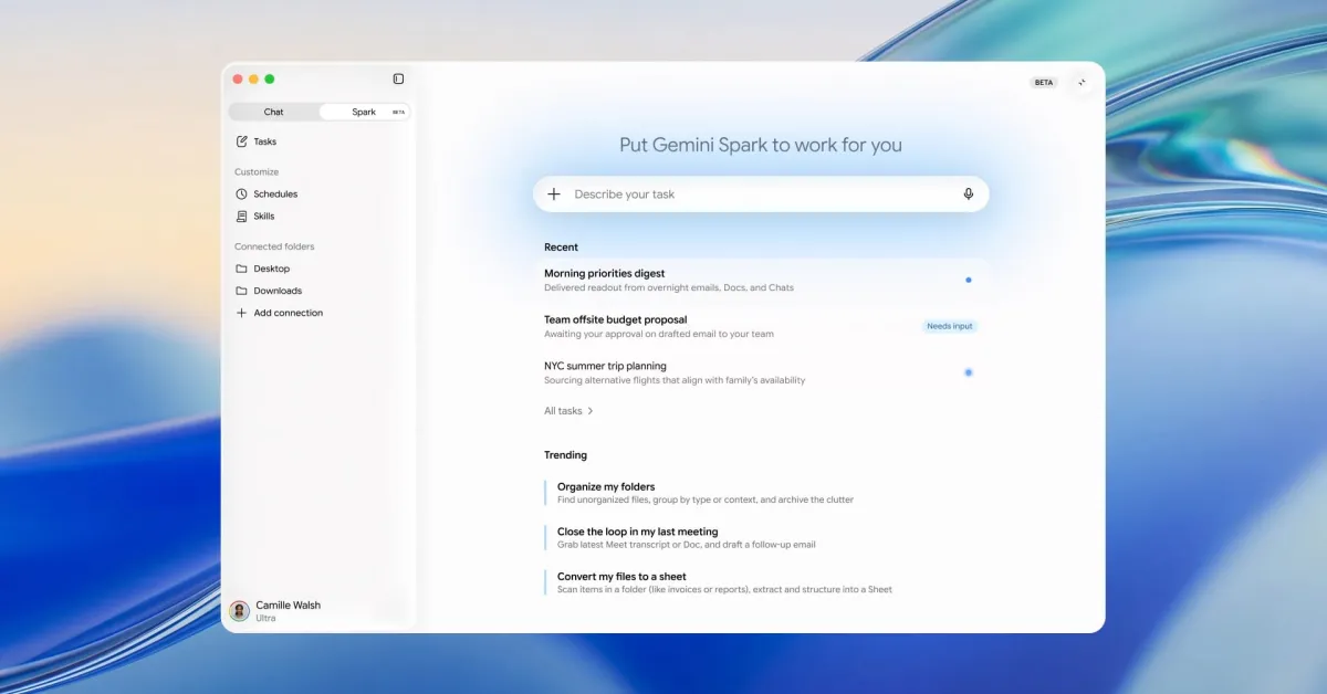 Tampilan antarmuka Gemini Spark untuk pengguna Google AI Pro di perangkat seluler dan web.