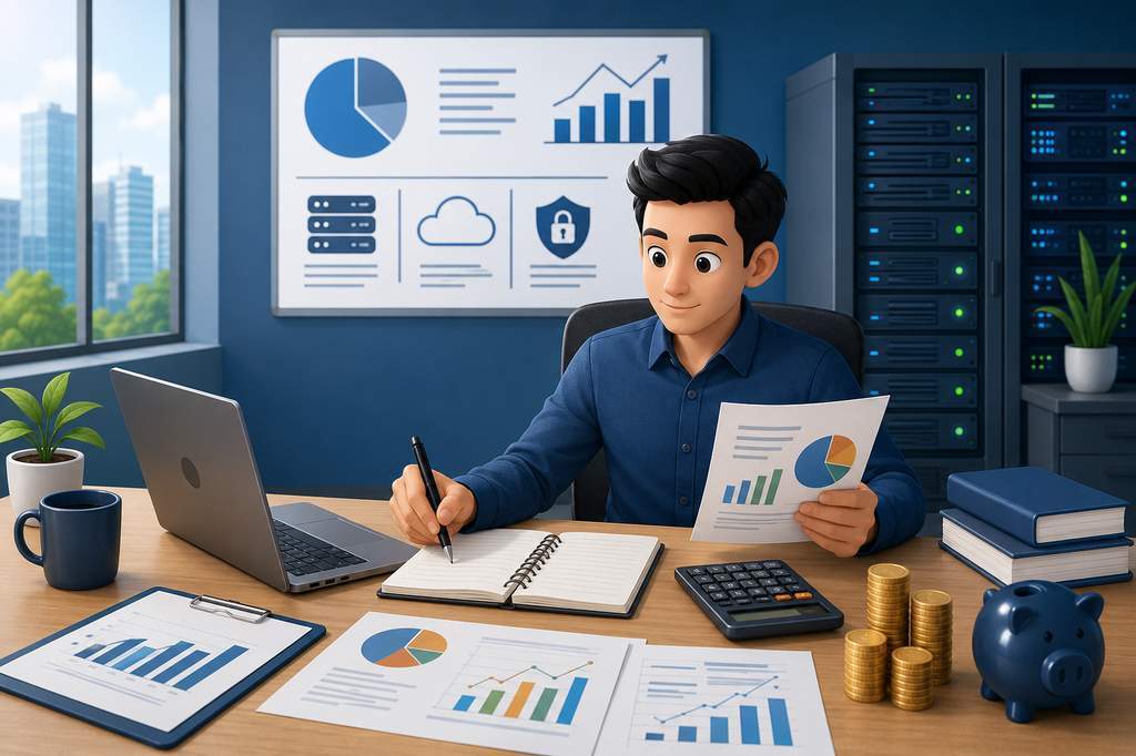 Grafik analisis keuangan teknologi dan laptop dengan visual pengelolaan anggaran IT Financial Management