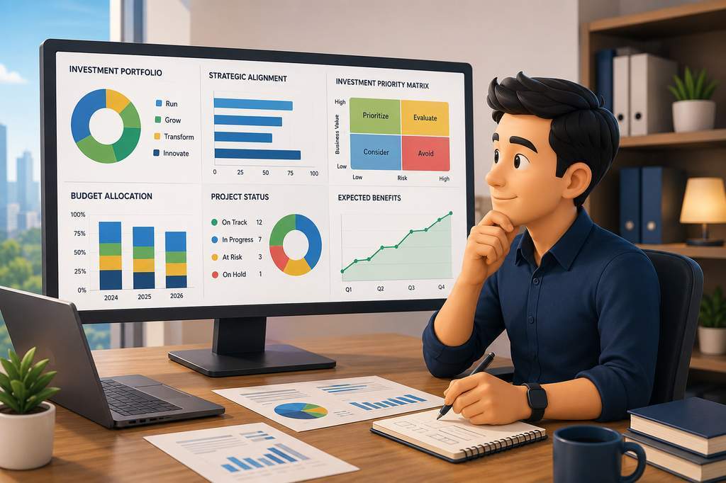 Illustration de la gestion de portefeuille technologique avec des graphiques de priorisation des investissements