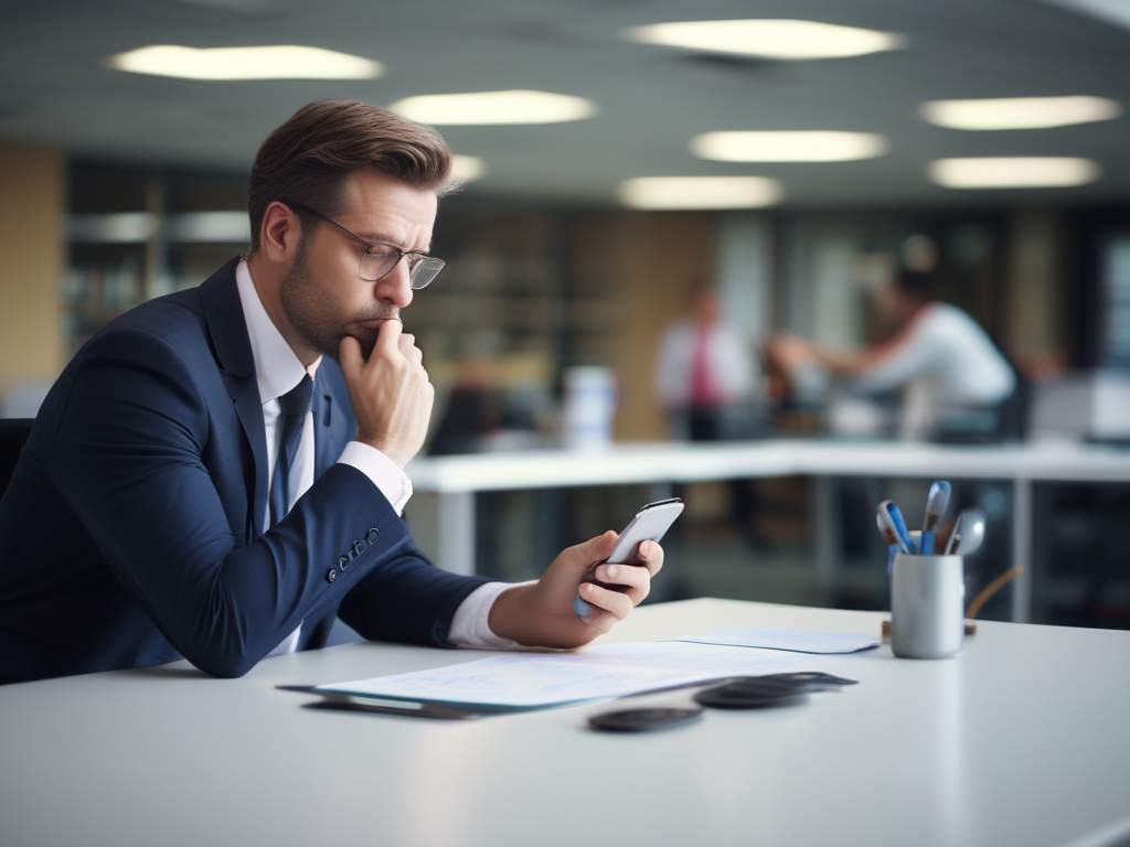 Ilustrasi telepon kantor yang sepi dengan latar belakang layar laptop dan aktivitas digital marketing.