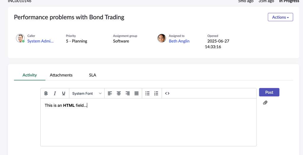Interface de configuration ServiceNow montrant l'activation des commentaires HTML pour le portail
